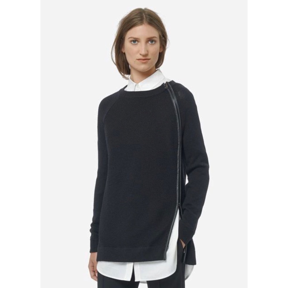 Vince S Black Leather Trim Zipper Textured 100% Wool Knit Sweater Pullover - Picture 14 of 14